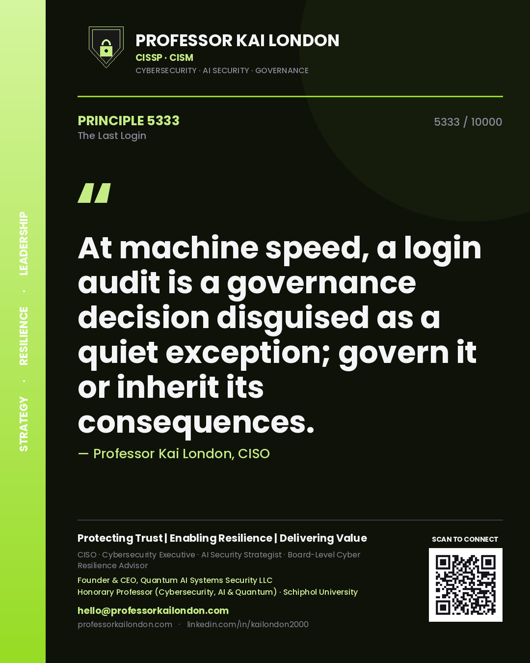 Quote card by Professor Kai London reading 'At machine speed, a login audit is a governance decision disguised as a quiet exception; govern it or inherit its consequences.'. From the book The Last Login.