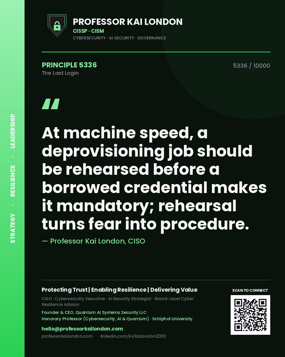 Quote card by Professor Kai London reading 'At machine speed, a deprovisioning job should be rehearsed before a borrowed credential makes it mandatory; rehearsal turns fear into procedure.'. From the book The Last Login.