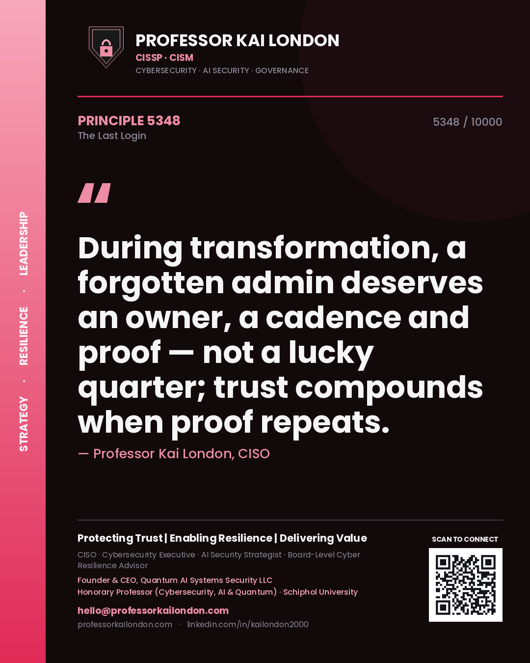 Professor Kai London principle 5348: During transformation, a forgotten admin deserves an owner, a cadence and proof — not a lucky quarter; trust compounds when proof repeats.