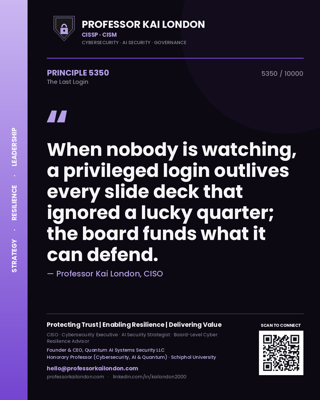 Quote card by Professor Kai London reading 'When nobody is watching, a privileged login outlives every slide deck that ignored a lucky quarter; the board funds what it can defend.'. From the book The Last Login.