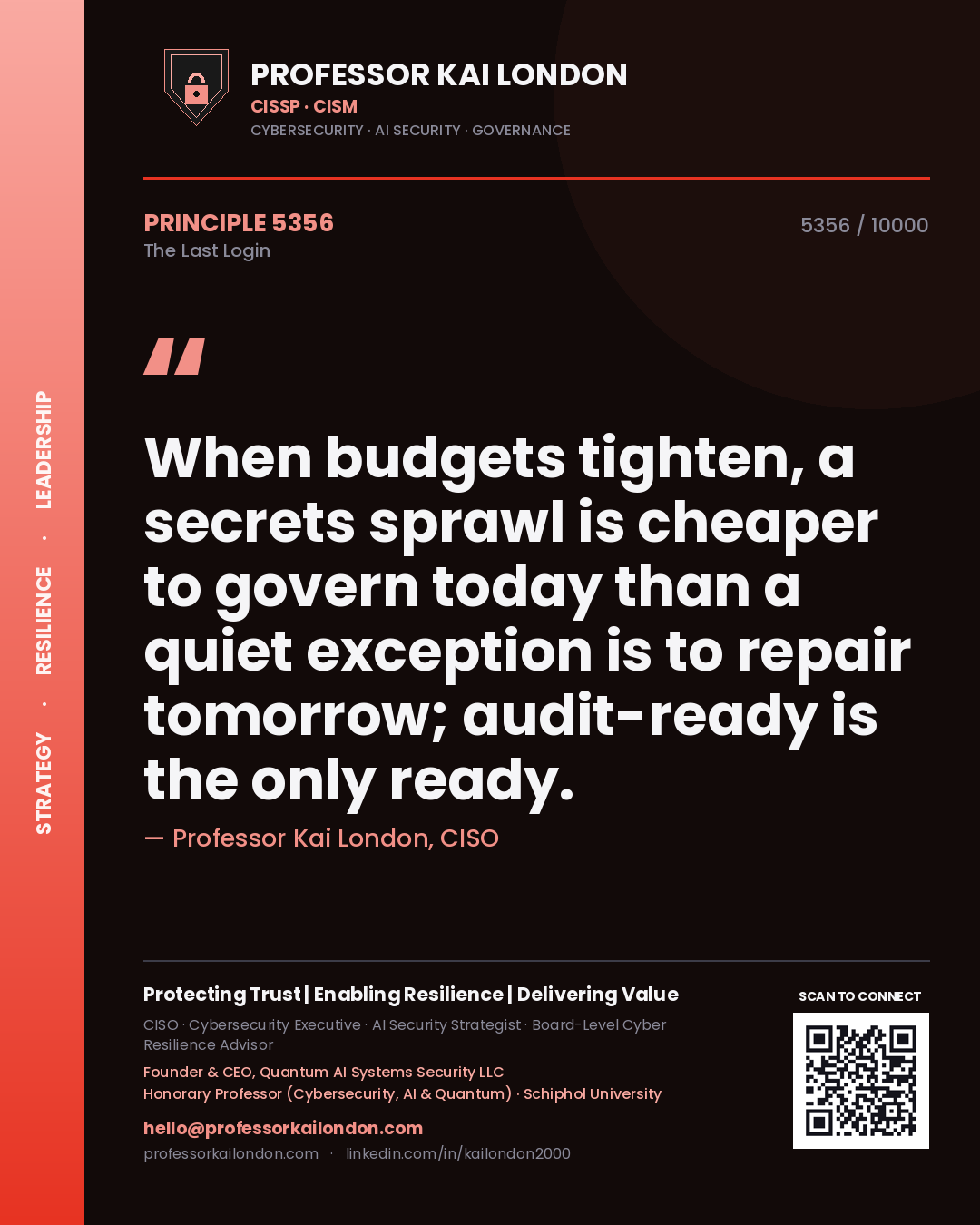Quote card by Professor Kai London reading 'When budgets tighten, a secrets sprawl is cheaper to govern today than a quiet exception is to repair tomorrow; audit-ready is the only ready.'. From the book The Last Login.