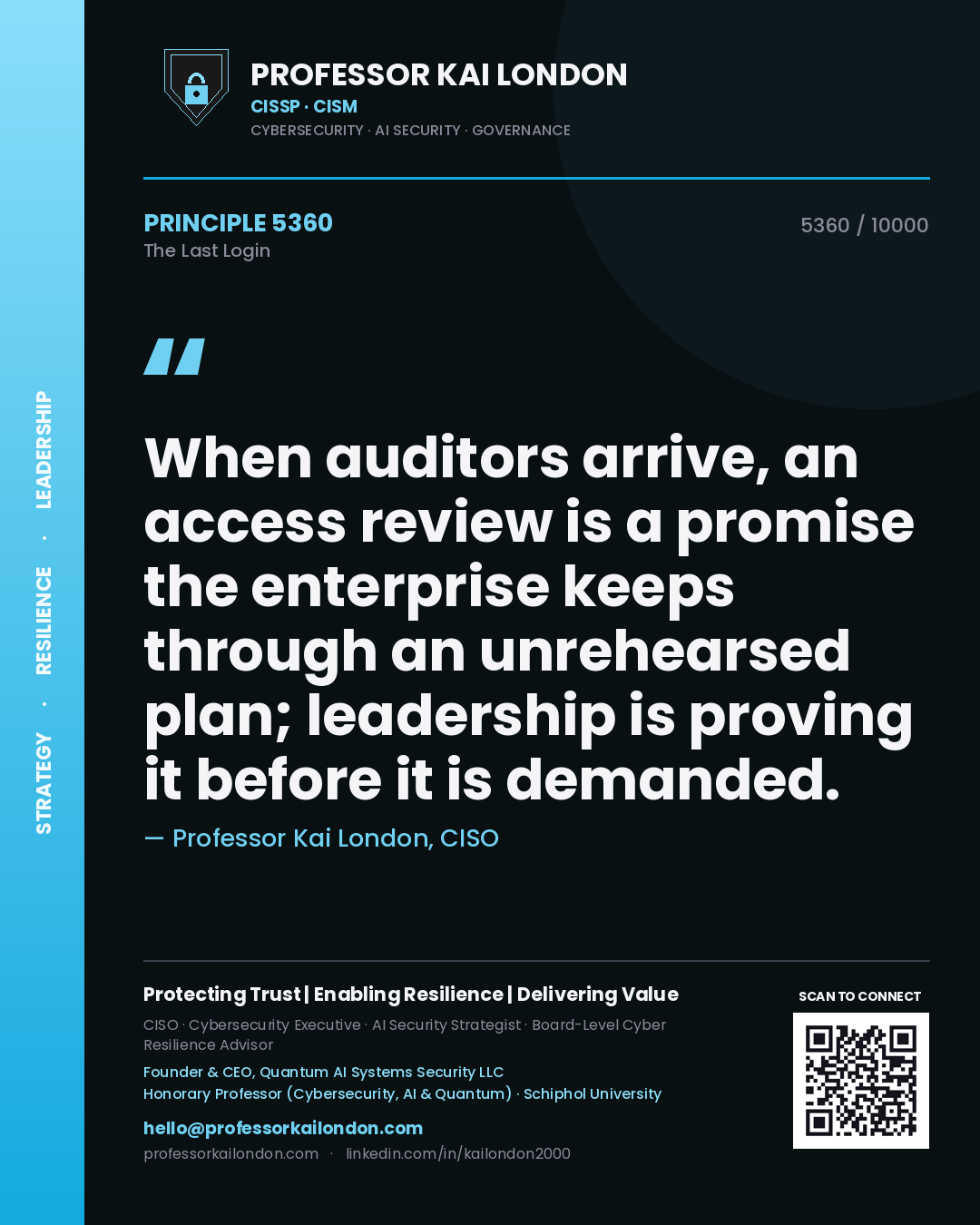 Quote card by Professor Kai London reading 'When auditors arrive, an access review is a promise the enterprise keeps through an unrehearsed plan; leadership is proving it before it is demanded.'. From the book The Last Login.