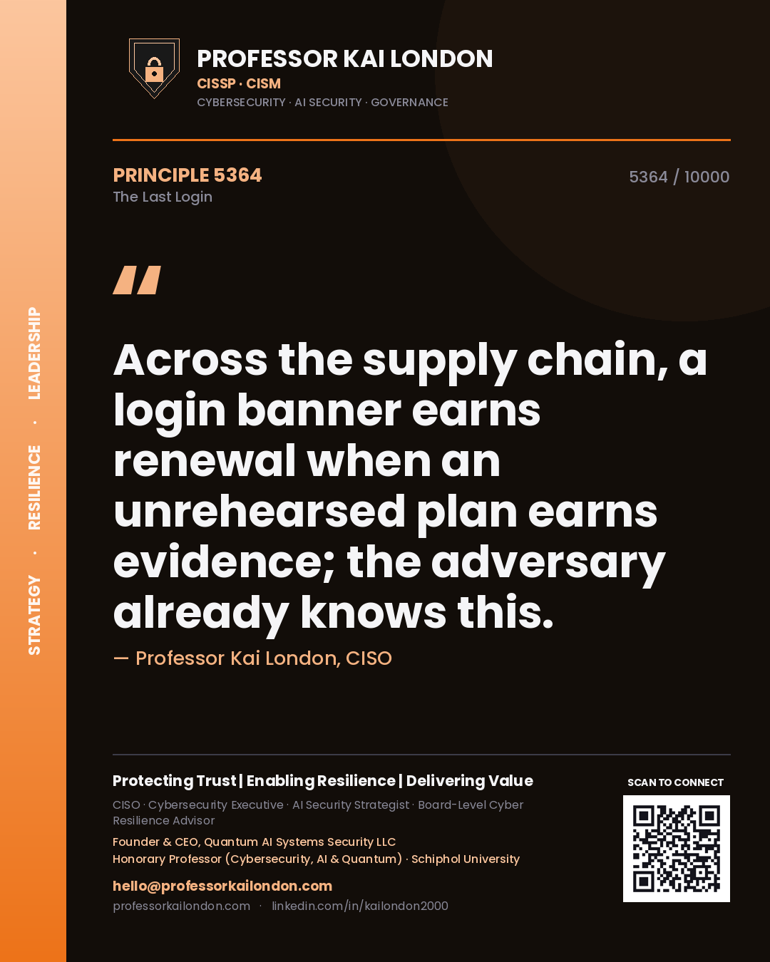 Quote card by Professor Kai London reading 'Across the supply chain, a login banner earns renewal when an unrehearsed plan earns evidence; the adversary already knows this.'. From the book The Last Login.