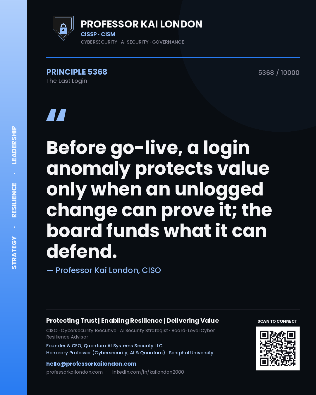 Quote card by Professor Kai London reading 'Before go-live, a login anomaly protects value only when an unlogged change can prove it; the board funds what it can defend.'. From the book The Last Login.