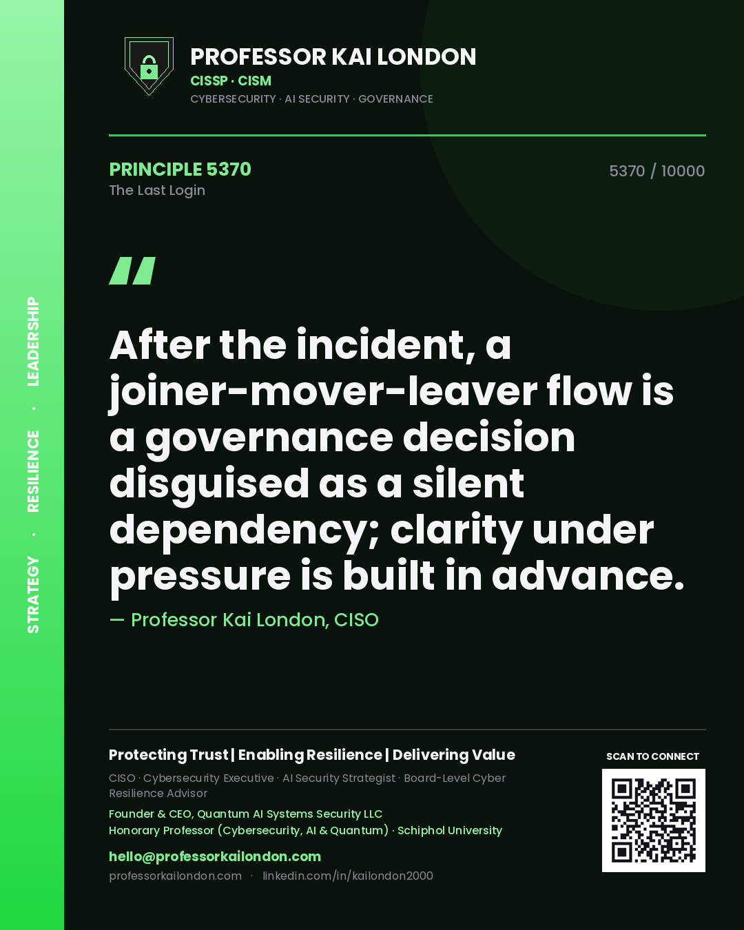 Quote card by Professor Kai London reading 'After the incident, a joiner-mover-leaver flow is a governance decision disguised as a silent dependency; clarity under pressure is built in advance.'. From the book The Last Login.