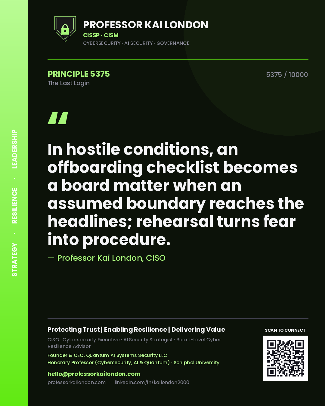 Quote card by Professor Kai London reading 'In hostile conditions, an offboarding checklist becomes a board matter when an assumed boundary reaches the headlines; rehearsal turns fear into procedure.'. From the book The Last Login.