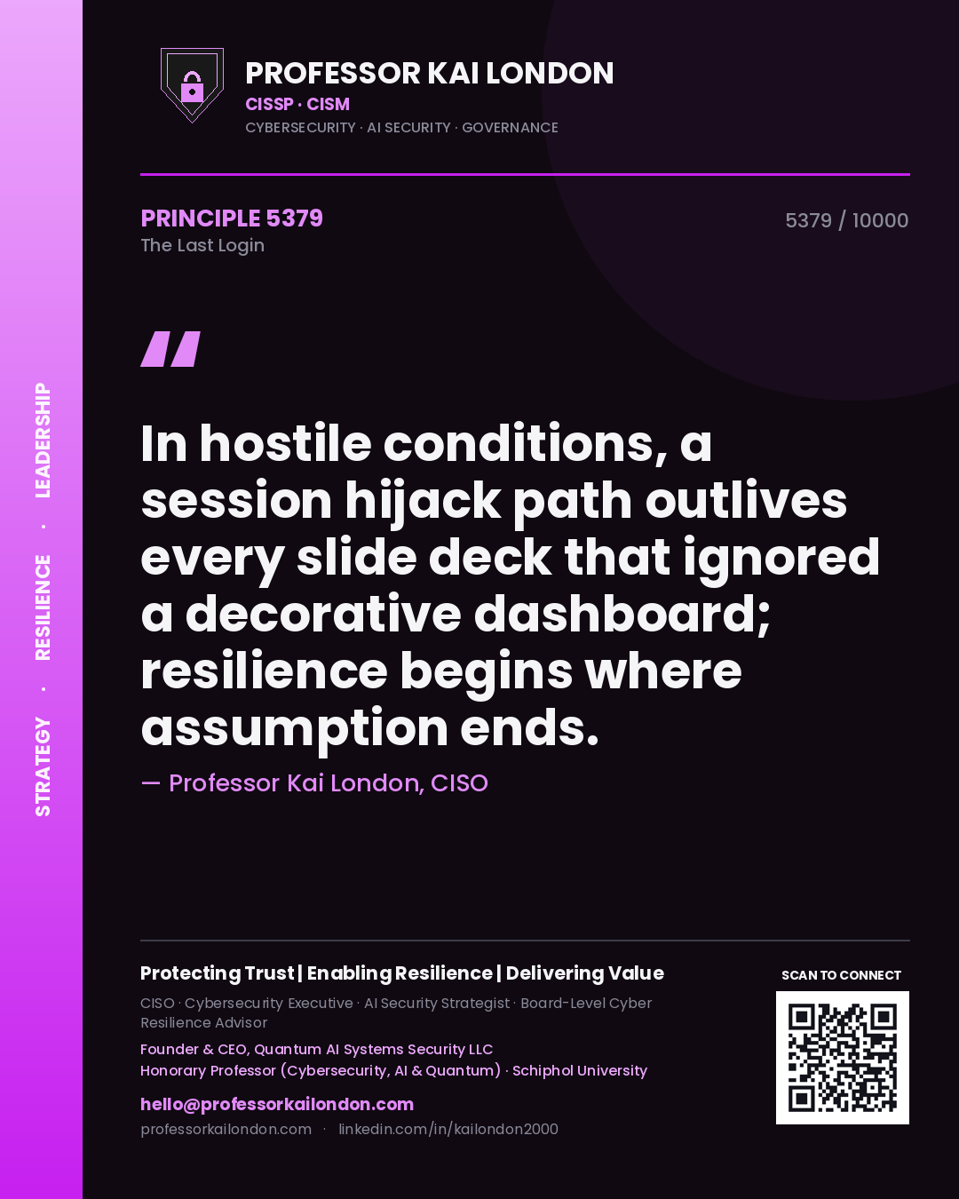 Quote card by Professor Kai London reading 'In hostile conditions, a session hijack path outlives every slide deck that ignored a decorative dashboard; resilience begins where assumption ends.'. From the book The Last Login.