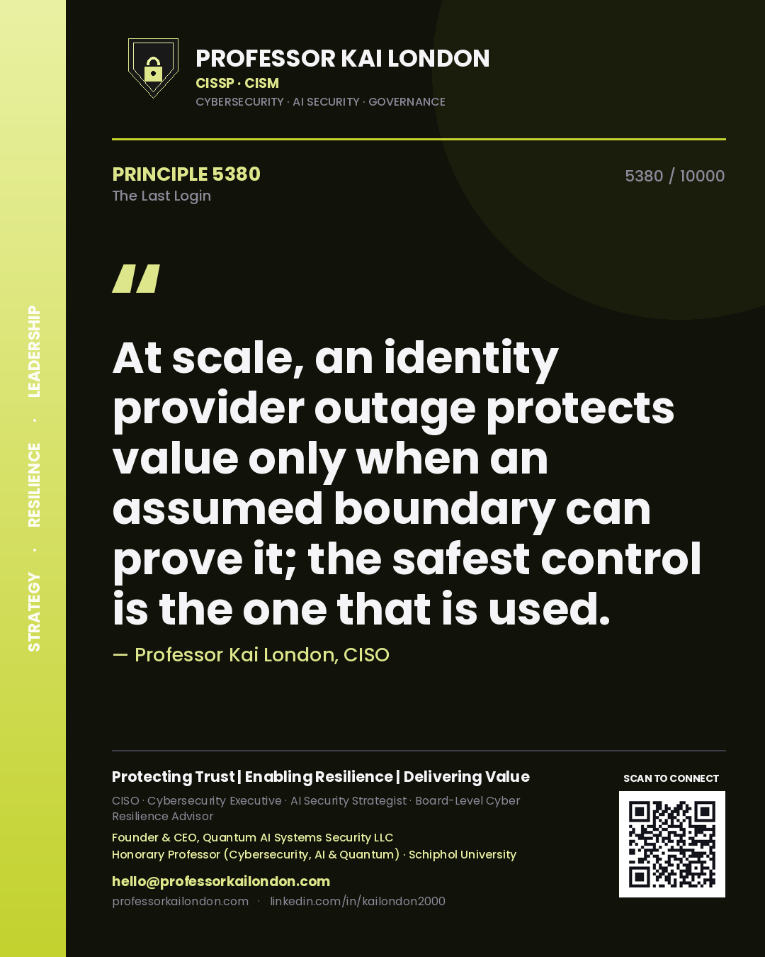 Professor Kai London principle 5380: At scale, an identity provider outage protects value only when an assumed boundary can prove it; the safest control is the one that is used.