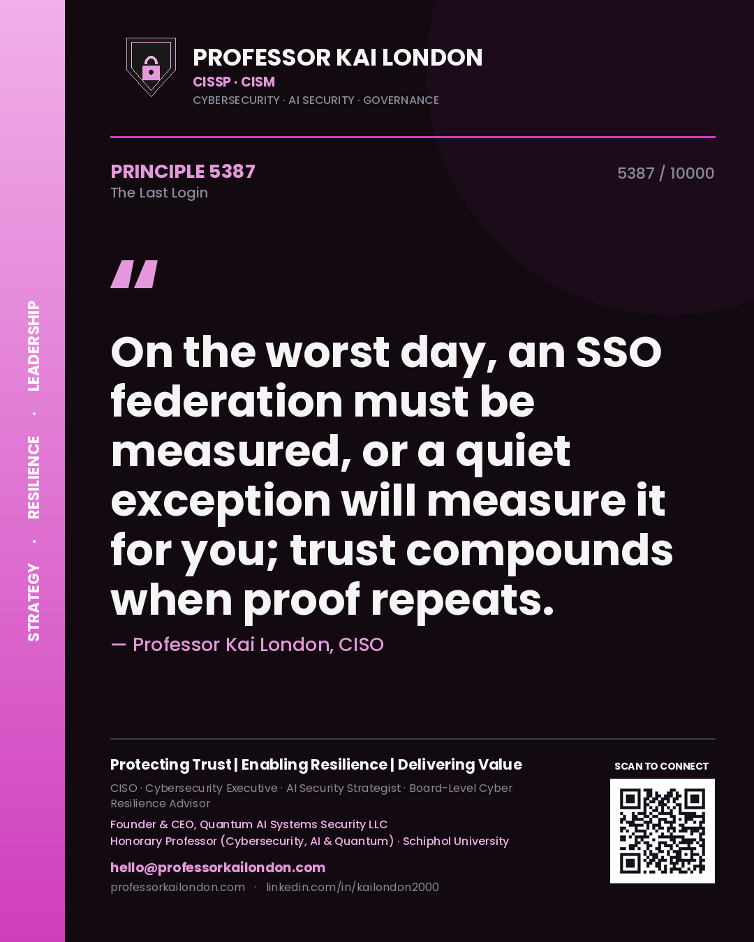 Quote card by Professor Kai London reading 'On the worst day, an SSO federation must be measured, or a quiet exception will measure it for you; trust compounds when proof repeats.'. From the book The Last Login.