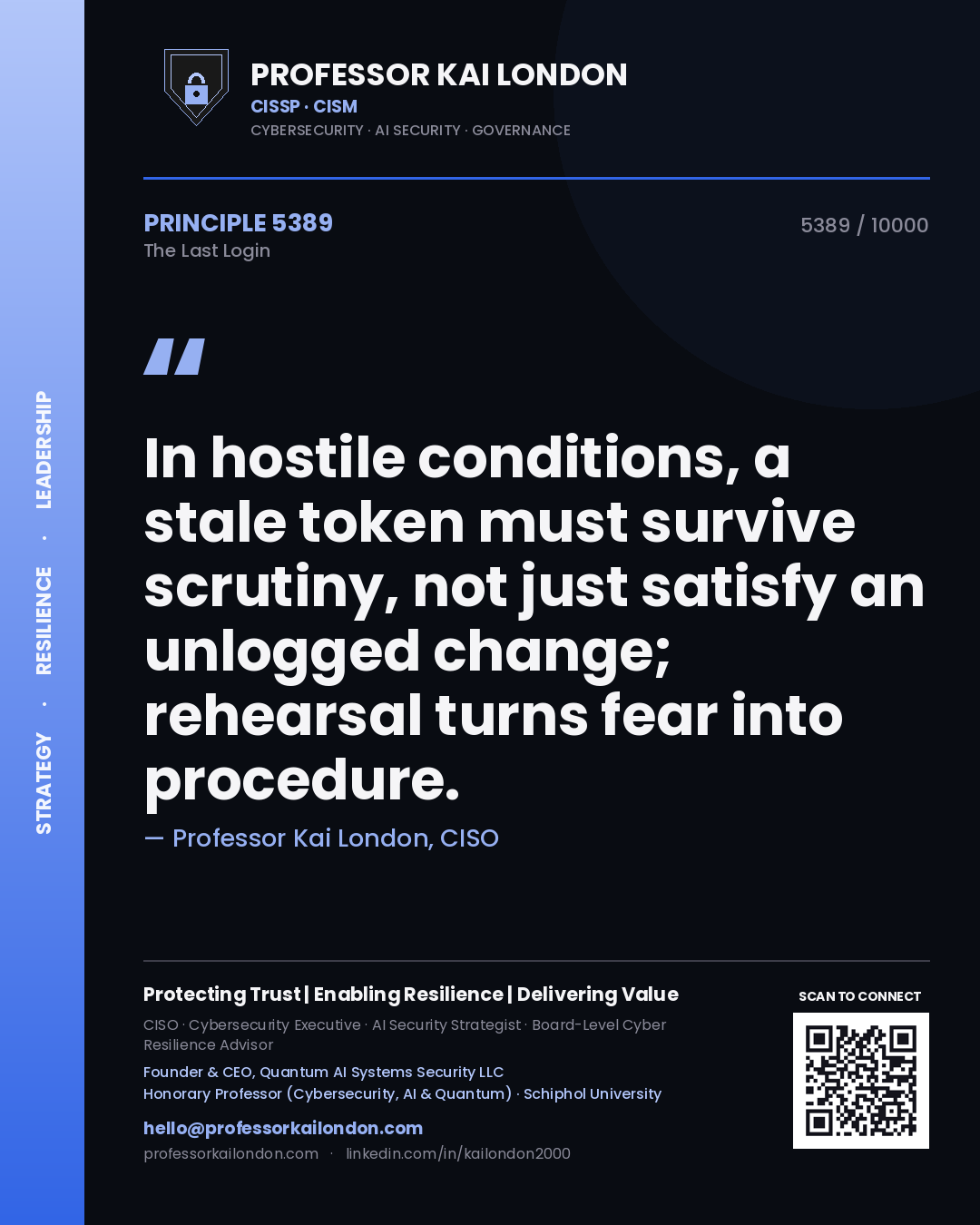 Quote card by Professor Kai London reading 'In hostile conditions, a stale token must survive scrutiny, not just satisfy an unlogged change; rehearsal turns fear into procedure.'. From the book The Last Login.