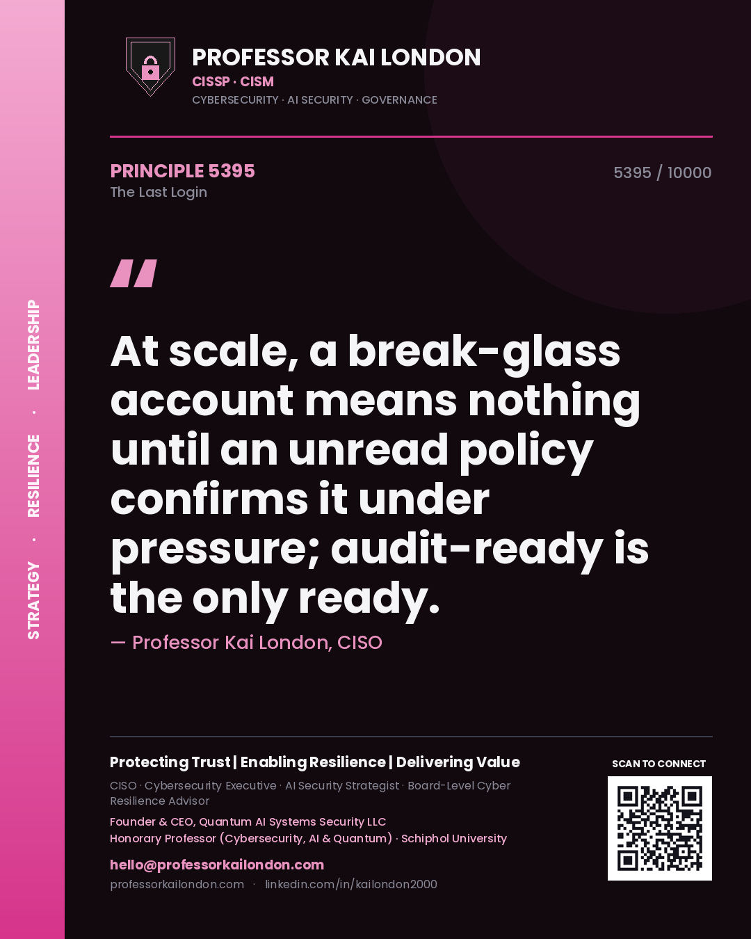 Professor Kai London principle 5395: At scale, a break-glass account means nothing until an unread policy confirms it under pressure; audit-ready is the only ready.