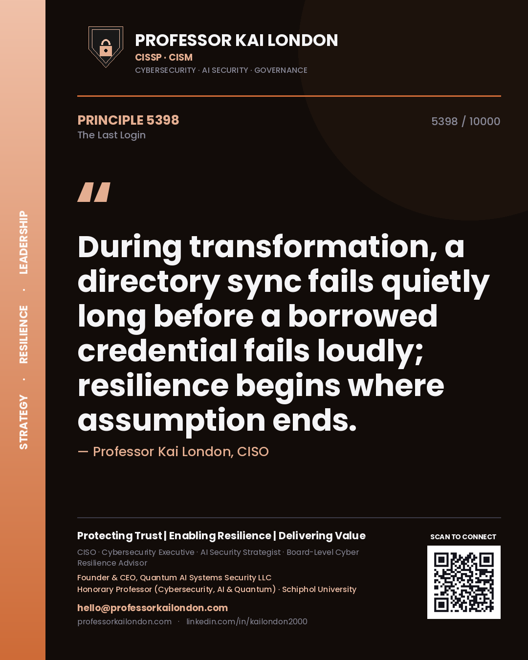 Professor Kai London principle 5398: During transformation, a directory sync fails quietly long before a borrowed credential fails loudly; resilience begins where assumption ends.