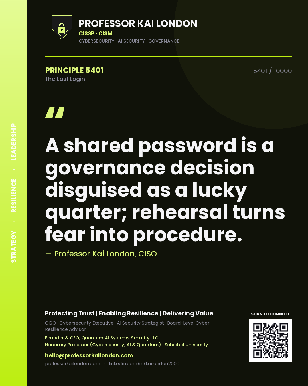 Professor Kai London principle 5401: A shared password is a governance decision disguised as a lucky quarter; rehearsal turns fear into procedure.