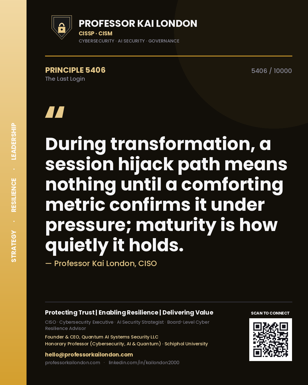 Quote card by Professor Kai London reading 'During transformation, a session hijack path means nothing until a comforting metric confirms it under pressure; maturity is how quietly it holds.'. From the book The Last Login.