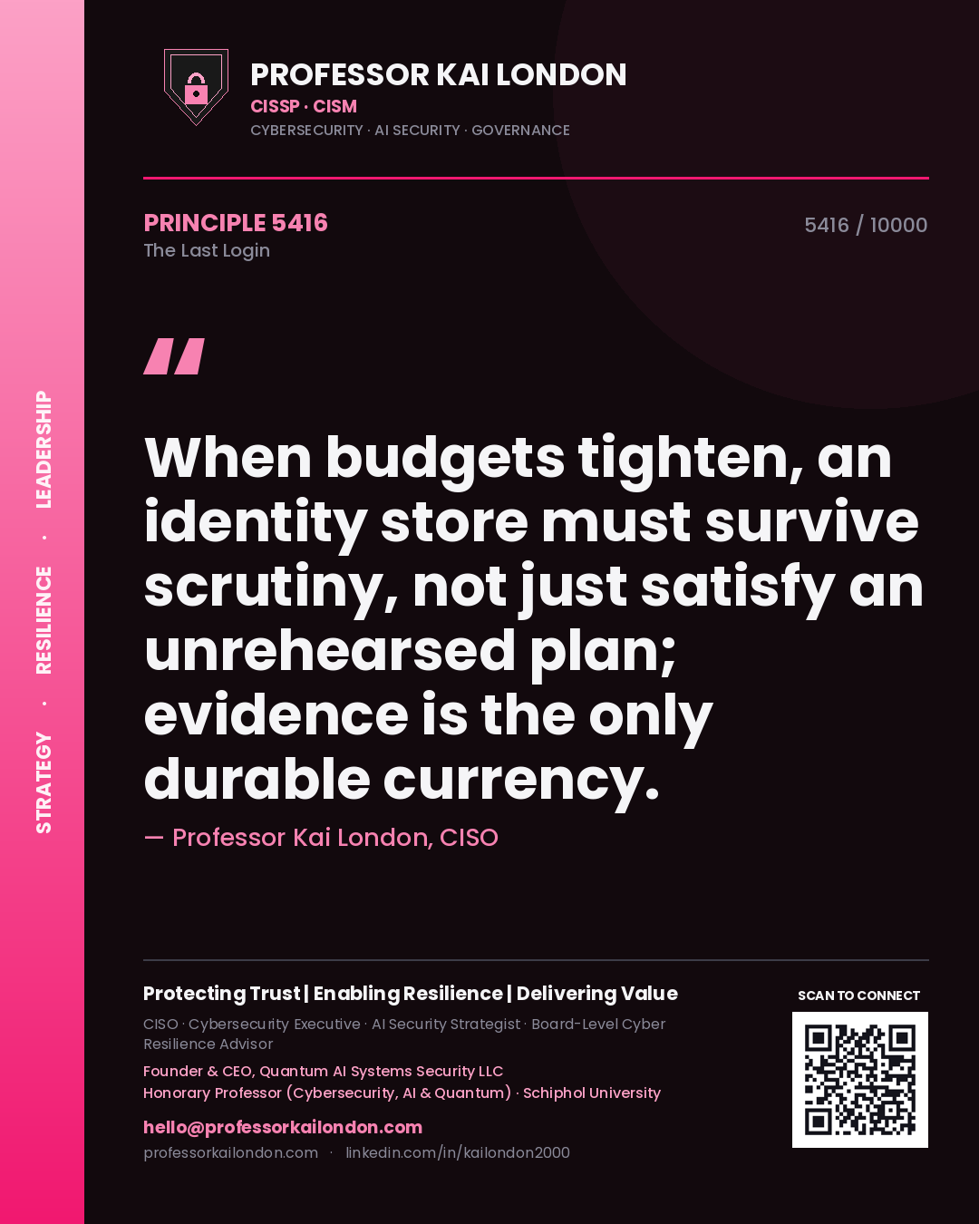 Professor Kai London principle 5416: When budgets tighten, an identity store must survive scrutiny, not just satisfy an unrehearsed plan; evidence is the only durable currency.