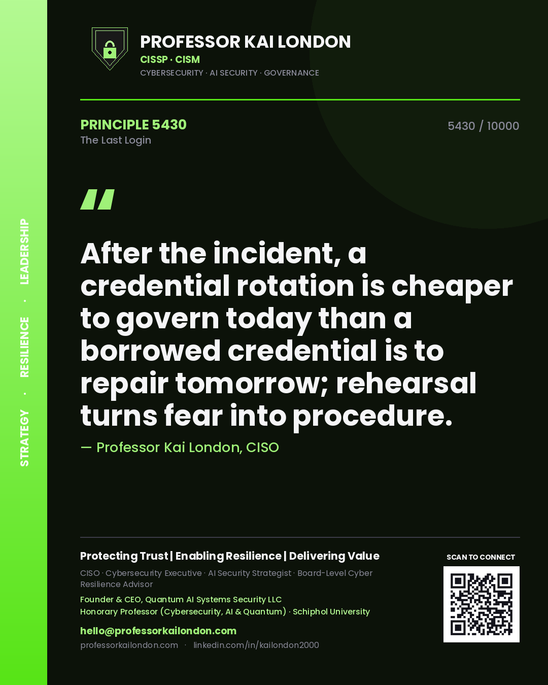 Quote card by Professor Kai London reading 'After the incident, a credential rotation is cheaper to govern today than a borrowed credential is to repair tomorrow; rehearsal turns fear into procedure.'. From the book The Last Login.