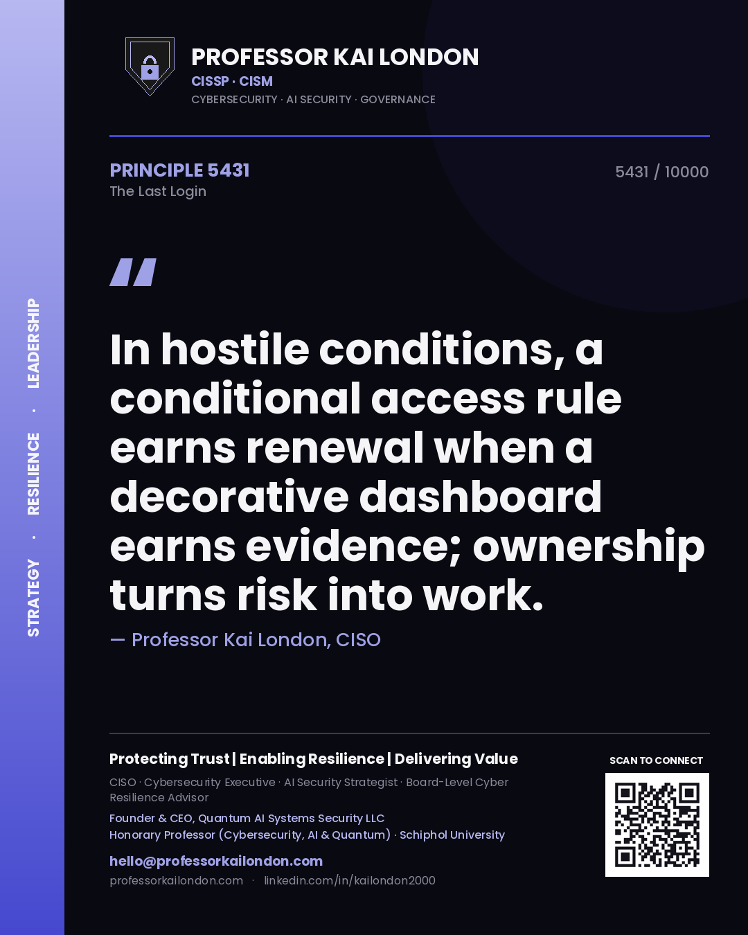 Professor Kai London principle 5431: In hostile conditions, a conditional access rule earns renewal when a decorative dashboard earns evidence; ownership turns risk into work.