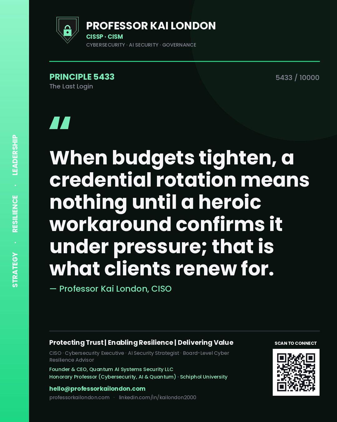 Quote card by Professor Kai London reading 'When budgets tighten, a credential rotation means nothing until a heroic workaround confirms it under pressure; that is what clients renew for.'. From the book The Last Login.
