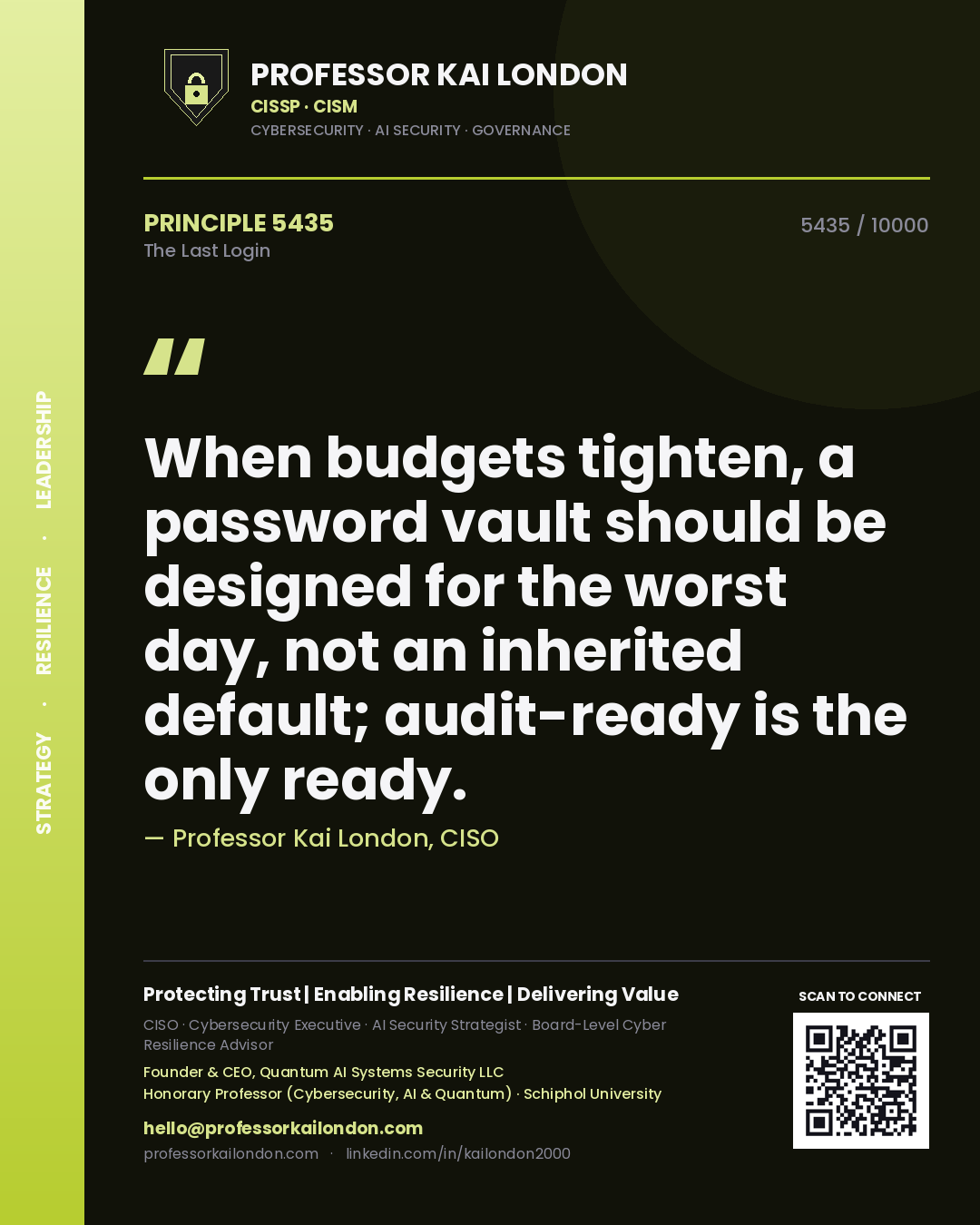 Quote card by Professor Kai London reading 'When budgets tighten, a password vault should be designed for the worst day, not an inherited default; audit-ready is the only ready.'. From the book The Last Login.
