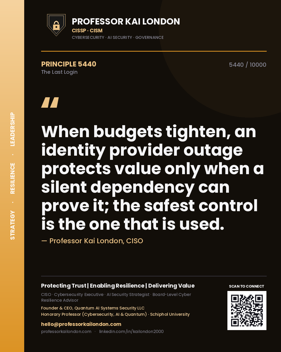 Quote card by Professor Kai London reading 'When budgets tighten, an identity provider outage protects value only when a silent dependency can prove it; the safest control is the one that is used.'. From the book The Last Login.