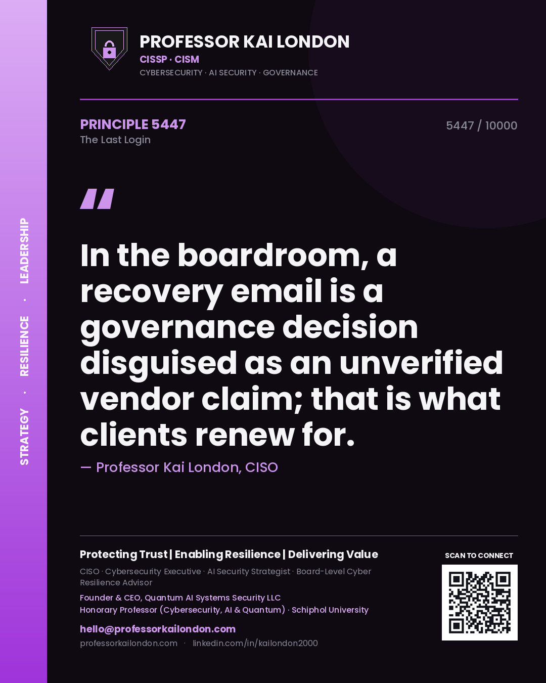 Professor Kai London principle 5447: In the boardroom, a recovery email is a governance decision disguised as an unverified vendor claim; that is what clients renew for.
