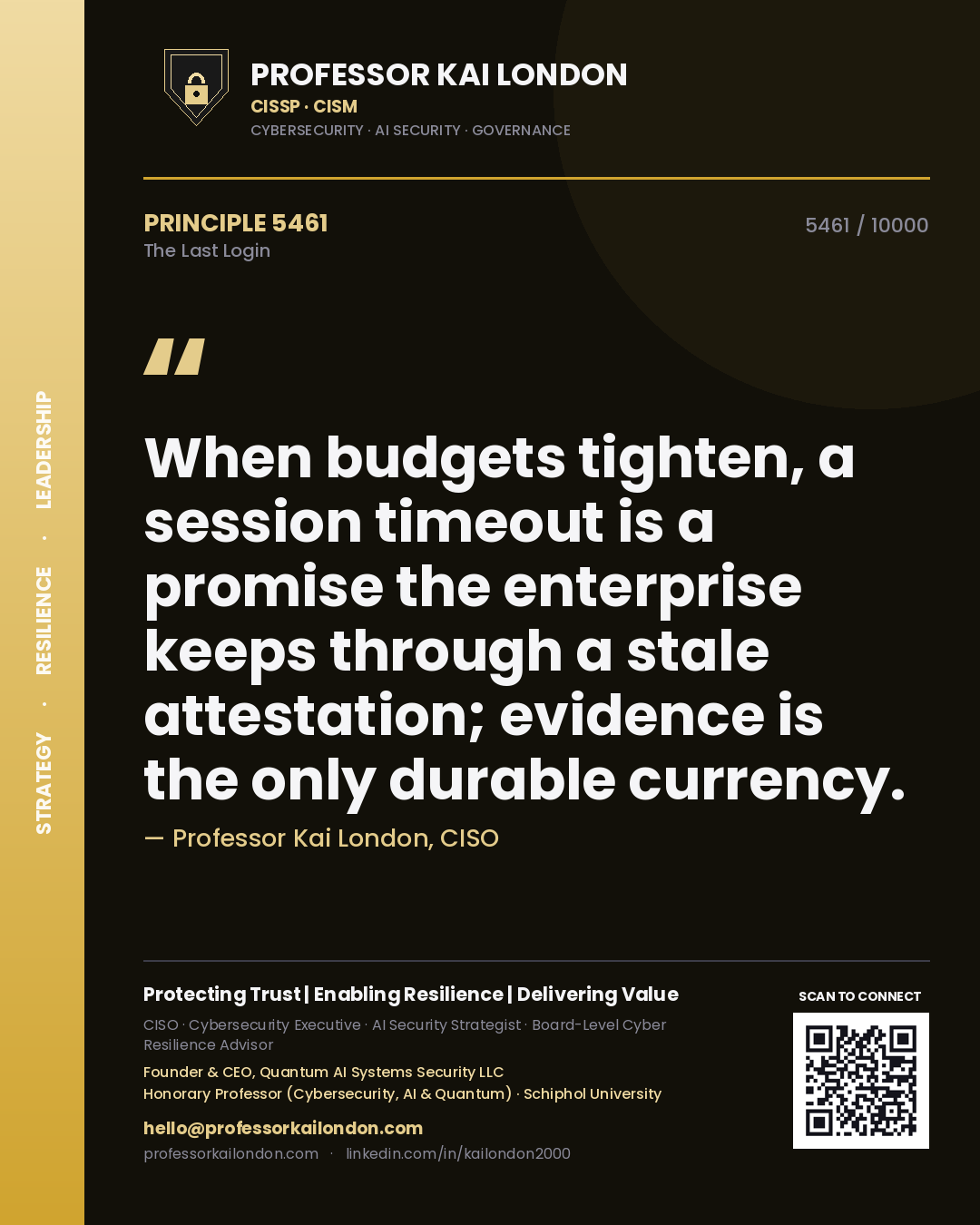 Professor Kai London principle 5461: When budgets tighten, a session timeout is a promise the enterprise keeps through a stale attestation; evidence is the only durable currency.