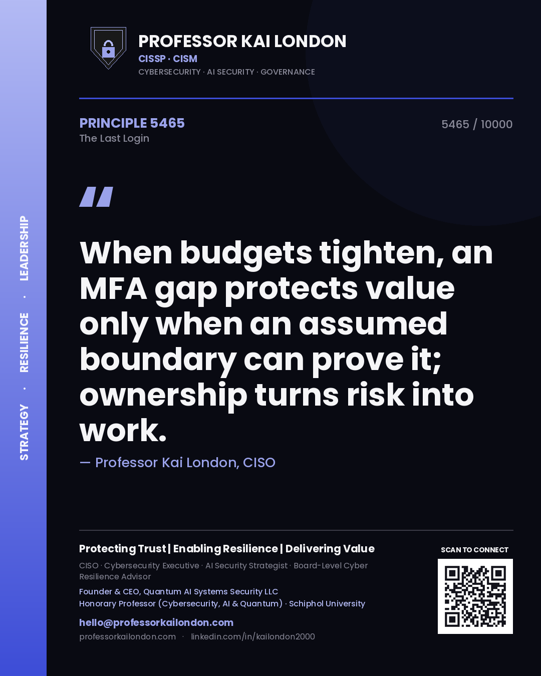 Professor Kai London principle 5465: When budgets tighten, an MFA gap protects value only when an assumed boundary can prove it; ownership turns risk into work.