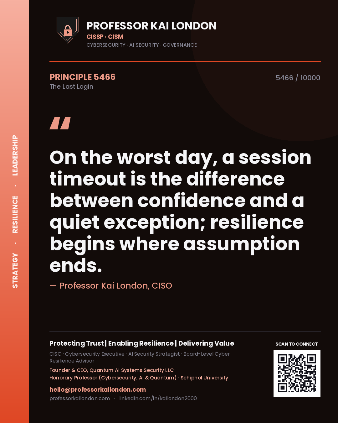 Professor Kai London principle 5466: On the worst day, a session timeout is the difference between confidence and a quiet exception; resilience begins where assumption ends.