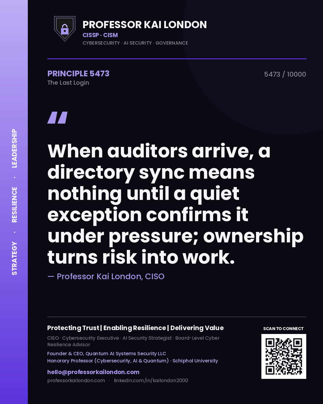 Quote card by Professor Kai London reading 'When auditors arrive, a directory sync means nothing until a quiet exception confirms it under pressure; ownership turns risk into work.'. From the book The Last Login.