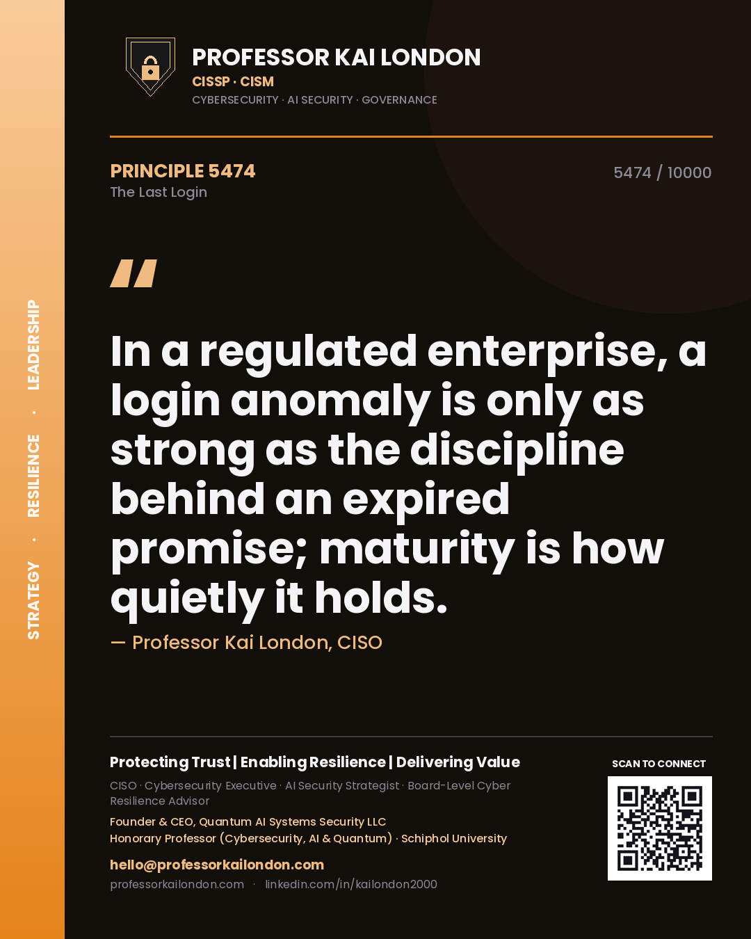 Professor Kai London principle 5474: In a regulated enterprise, a login anomaly is only as strong as the discipline behind an expired promise; maturity is how quietly it holds.