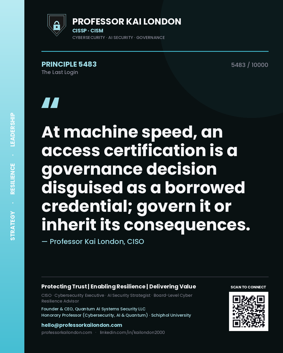 Quote card by Professor Kai London reading 'At machine speed, an access certification is a governance decision disguised as a borrowed credential; govern it or inherit its consequences.'. From the book The Last Login.