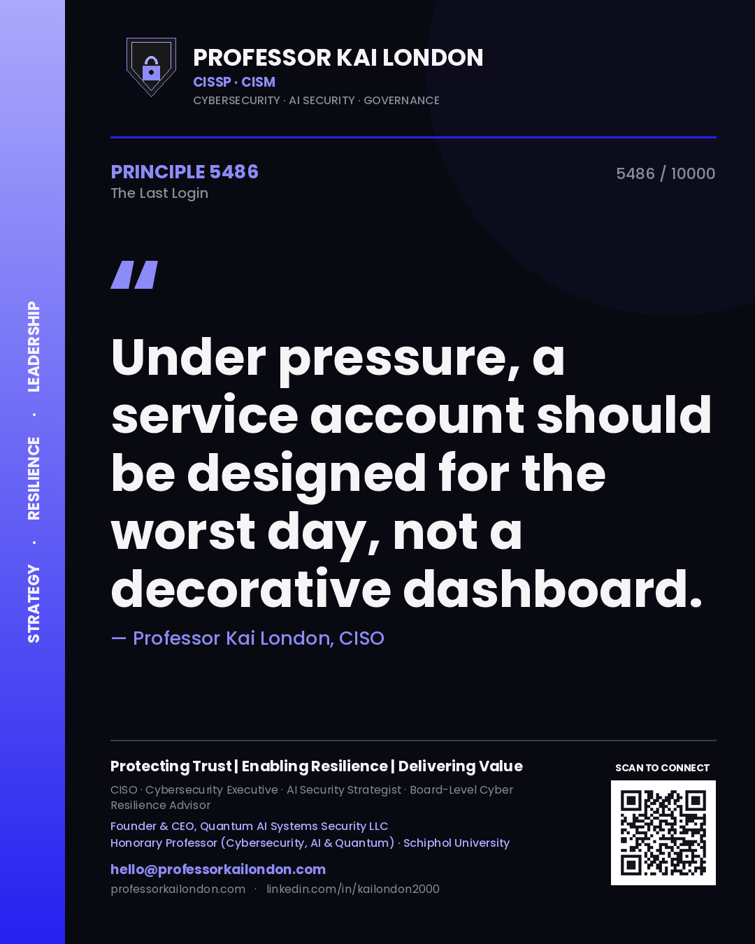 Professor Kai London principle 5486: Under pressure, a service account should be designed for the worst day, not a decorative dashboard.
