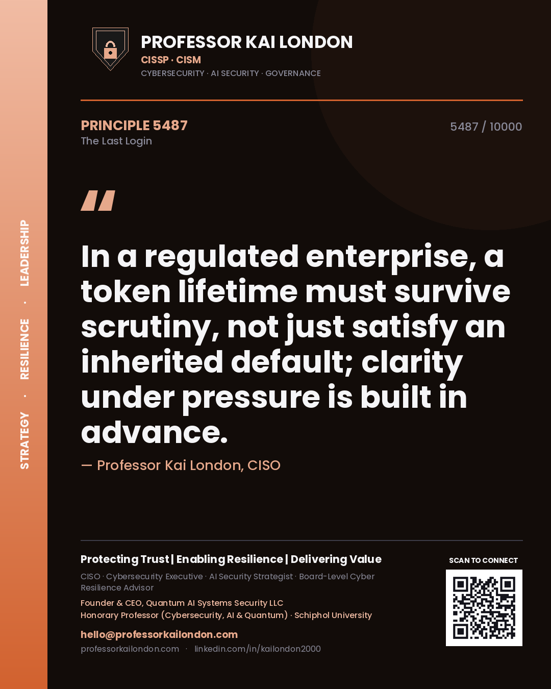 Professor Kai London principle 5487: In a regulated enterprise, a token lifetime must survive scrutiny, not just satisfy an inherited default; clarity under pressure is built in advance.