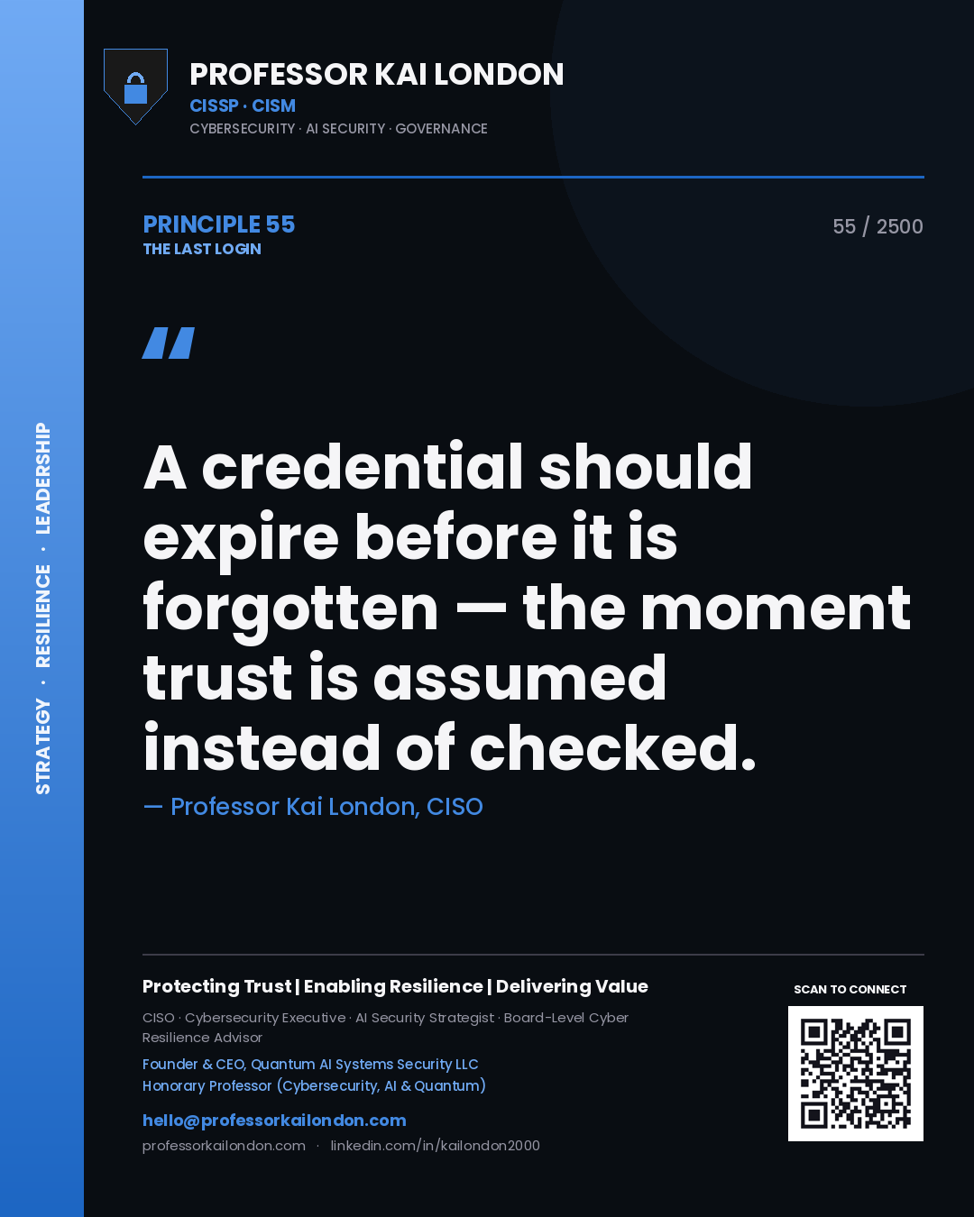 Quote card by Professor Kai London reading 'A credential should expire before it is forgotten — the moment trust is assumed instead of checked.'. From the book The Last Login.