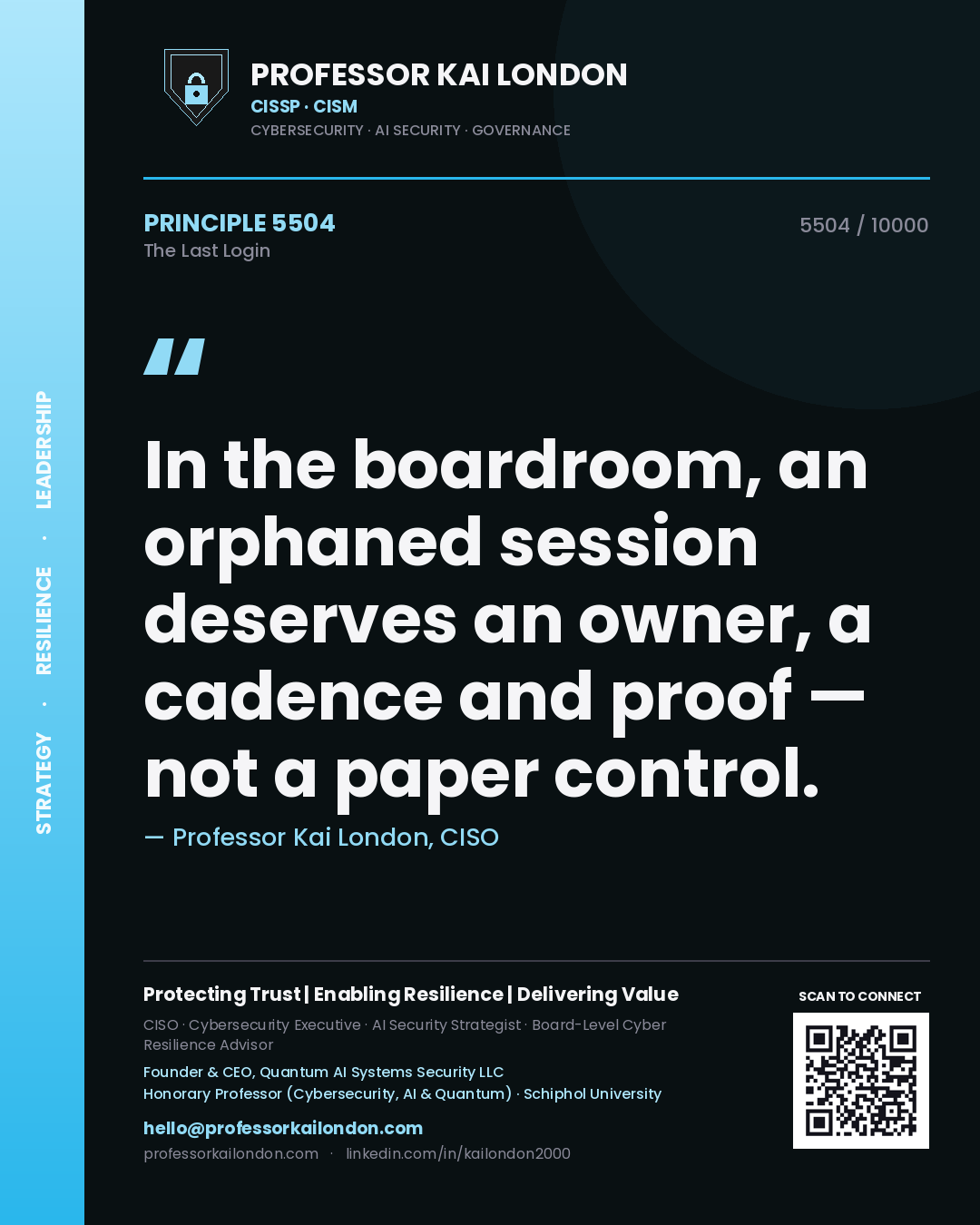 Quote card by Professor Kai London reading 'In the boardroom, an orphaned session deserves an owner, a cadence and proof — not a paper control.'. From the book The Last Login.