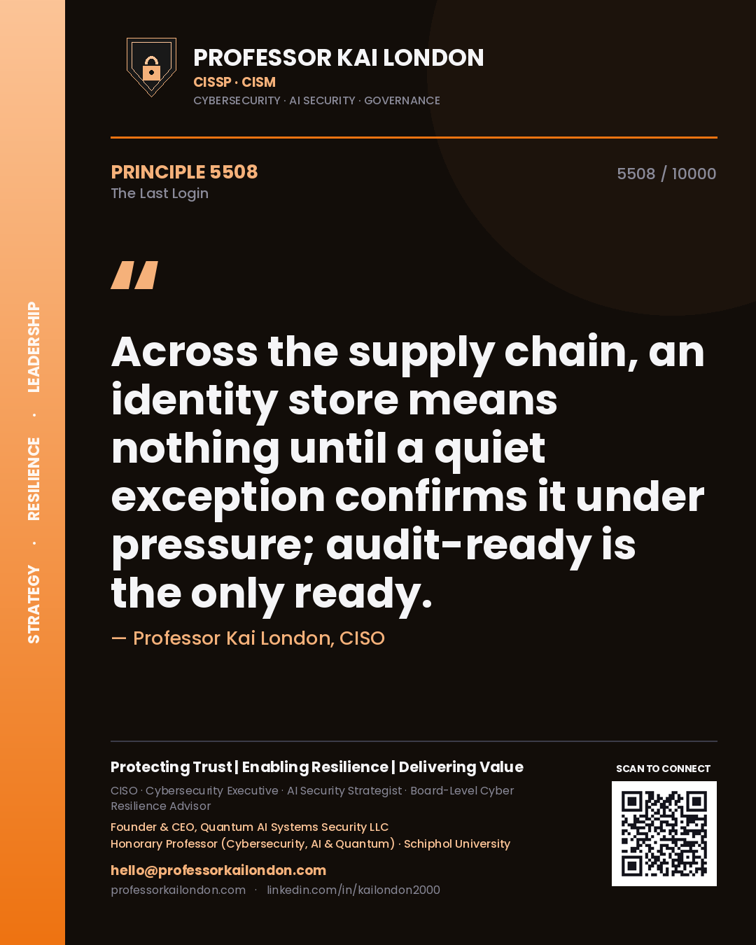 Quote card by Professor Kai London reading 'Across the supply chain, an identity store means nothing until a quiet exception confirms it under pressure; audit-ready is the only ready.'. From the book The Last Login.