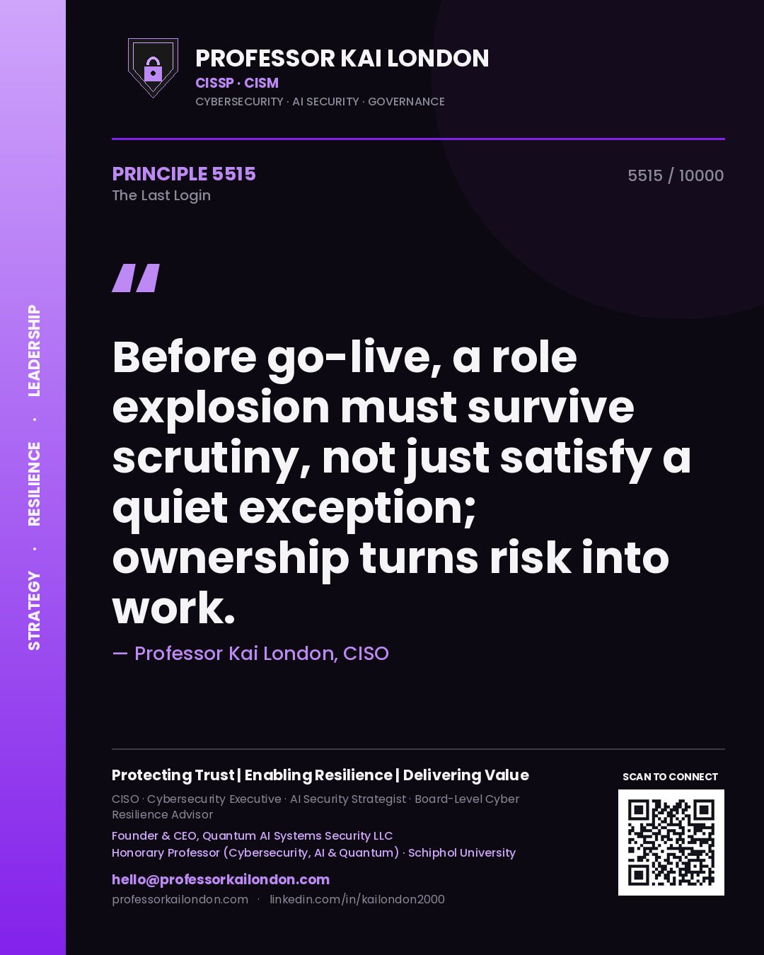 Quote card by Professor Kai London reading 'Before go-live, a role explosion must survive scrutiny, not just satisfy a quiet exception; ownership turns risk into work.'. From the book The Last Login.