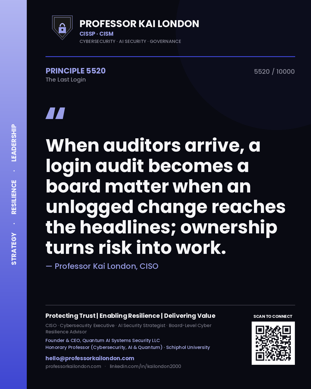 Quote card by Professor Kai London reading 'When auditors arrive, a login audit becomes a board matter when an unlogged change reaches the headlines; ownership turns risk into work.'. From the book The Last Login.