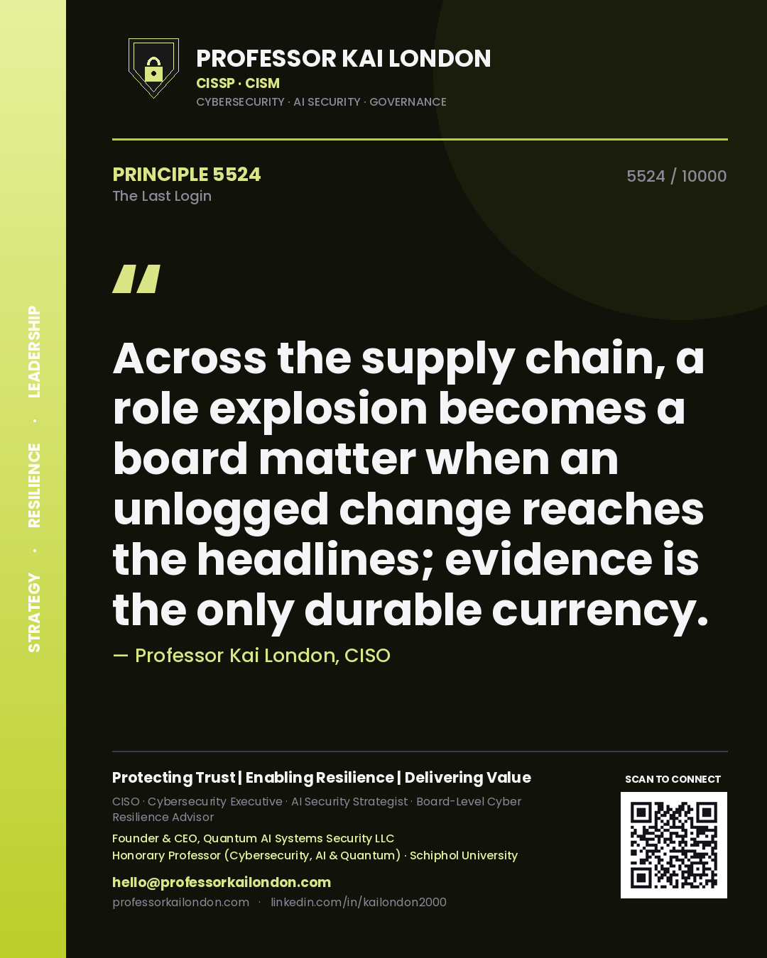 Quote card by Professor Kai London reading 'Across the supply chain, a role explosion becomes a board matter when an unlogged change reaches the headlines; evidence is the only durable currency.'. From the book The Last Login.