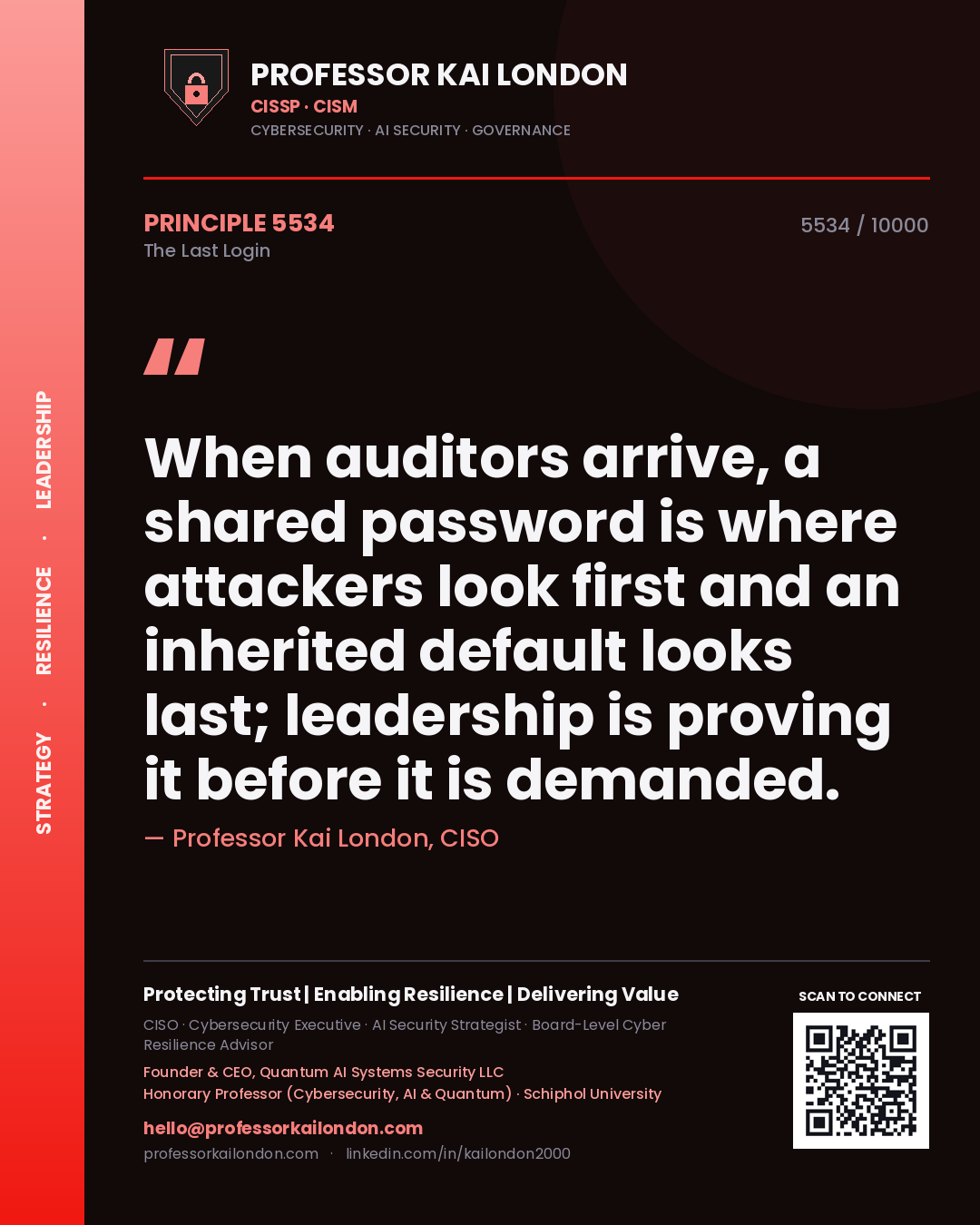 Quote card by Professor Kai London reading 'When auditors arrive, a shared password is where attackers look first and an inherited default looks last; leadership is proving it before it is demanded.'. From the book The Last Login.
