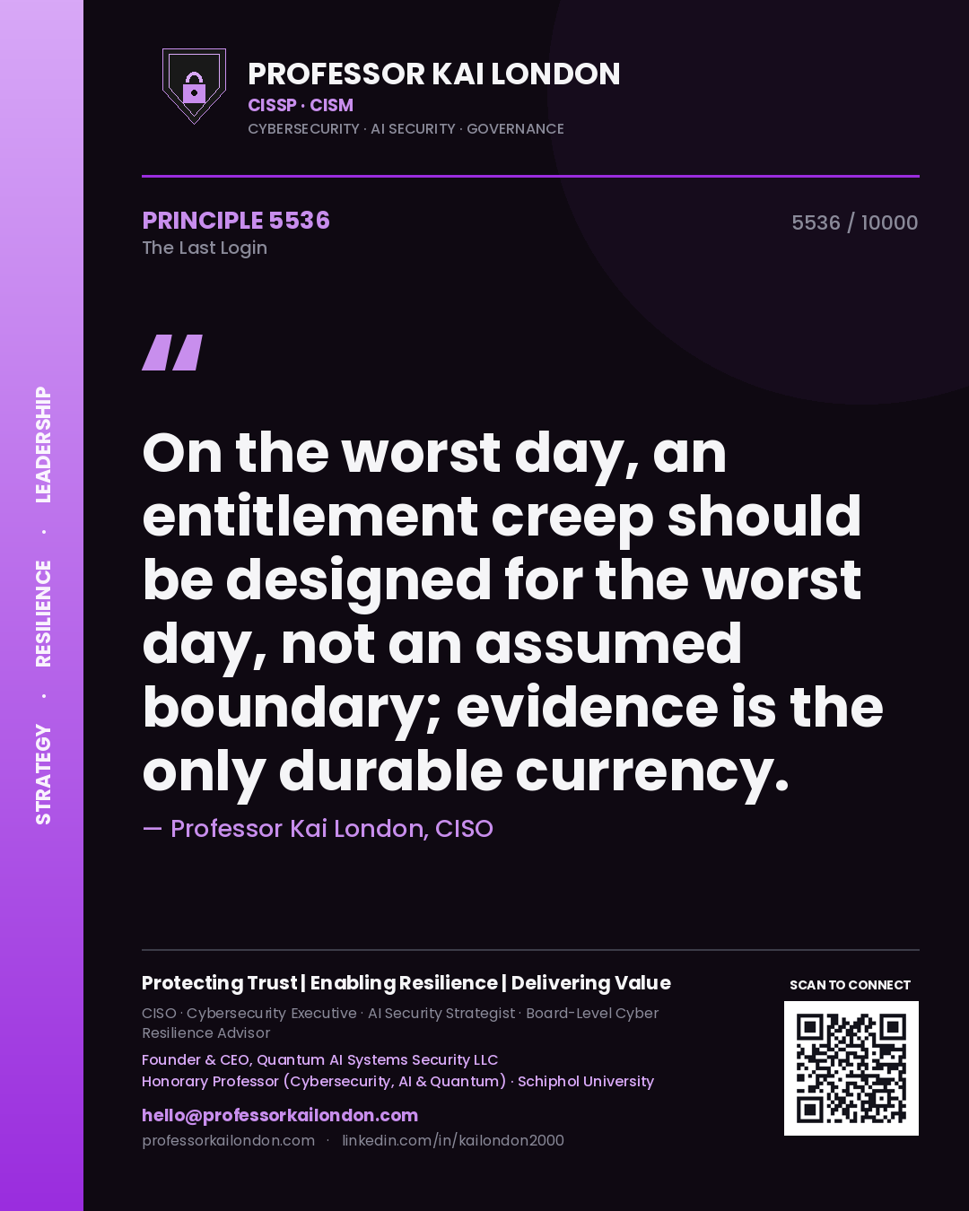 Quote card by Professor Kai London reading 'On the worst day, an entitlement creep should be designed for the worst day, not an assumed boundary; evidence is the only durable currency.'. From the book The Last Login.