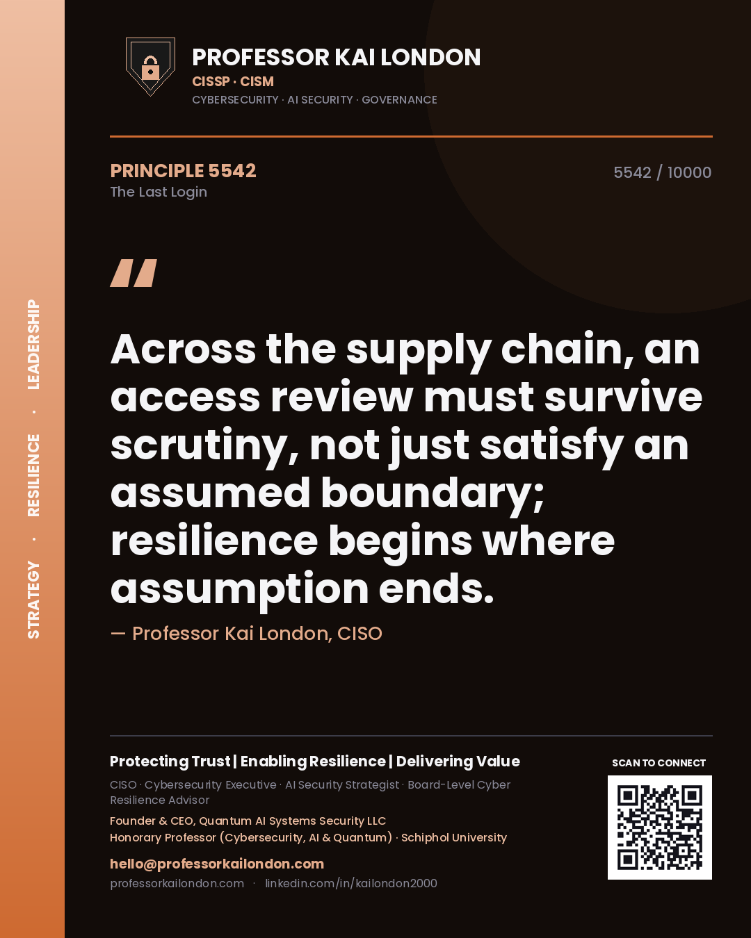 Quote card by Professor Kai London reading 'Across the supply chain, an access review must survive scrutiny, not just satisfy an assumed boundary; resilience begins where assumption ends.'. From the book The Last Login.