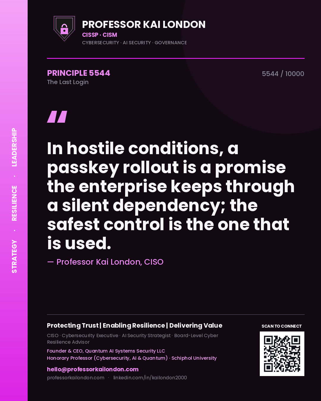 Professor Kai London principle 5544: In hostile conditions, a passkey rollout is a promise the enterprise keeps through a silent dependency; the safest control is the one that is used.