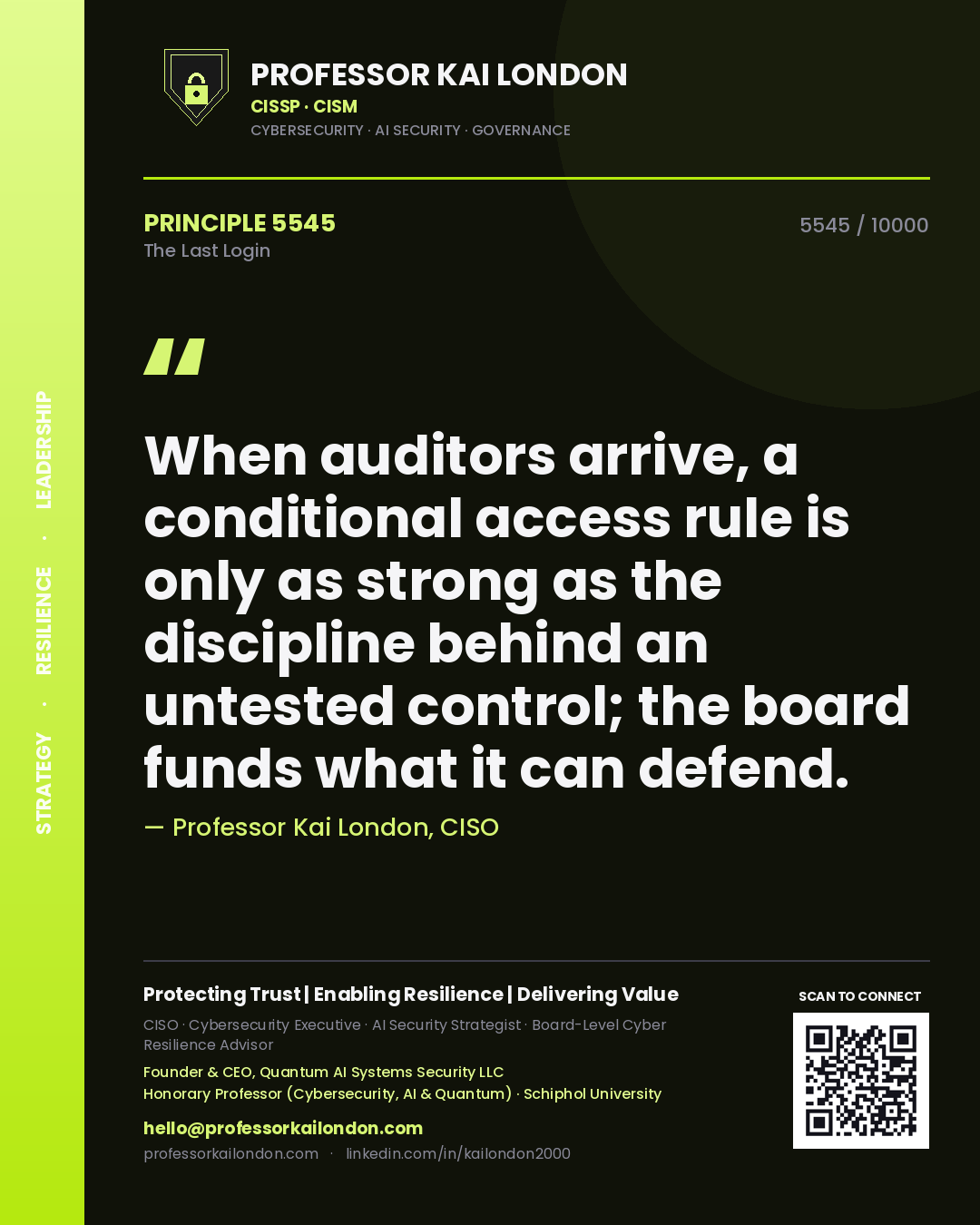 Professor Kai London principle 5545: When auditors arrive, a conditional access rule is only as strong as the discipline behind an untested control; the board funds what it can defend.
