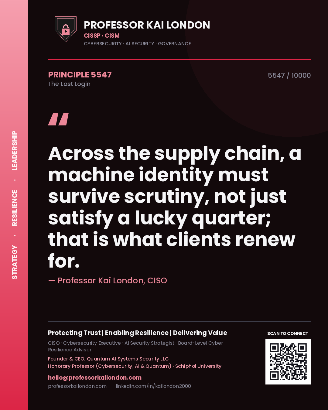 Quote card by Professor Kai London reading 'Across the supply chain, a machine identity must survive scrutiny, not just satisfy a lucky quarter; that is what clients renew for.'. From the book The Last Login.