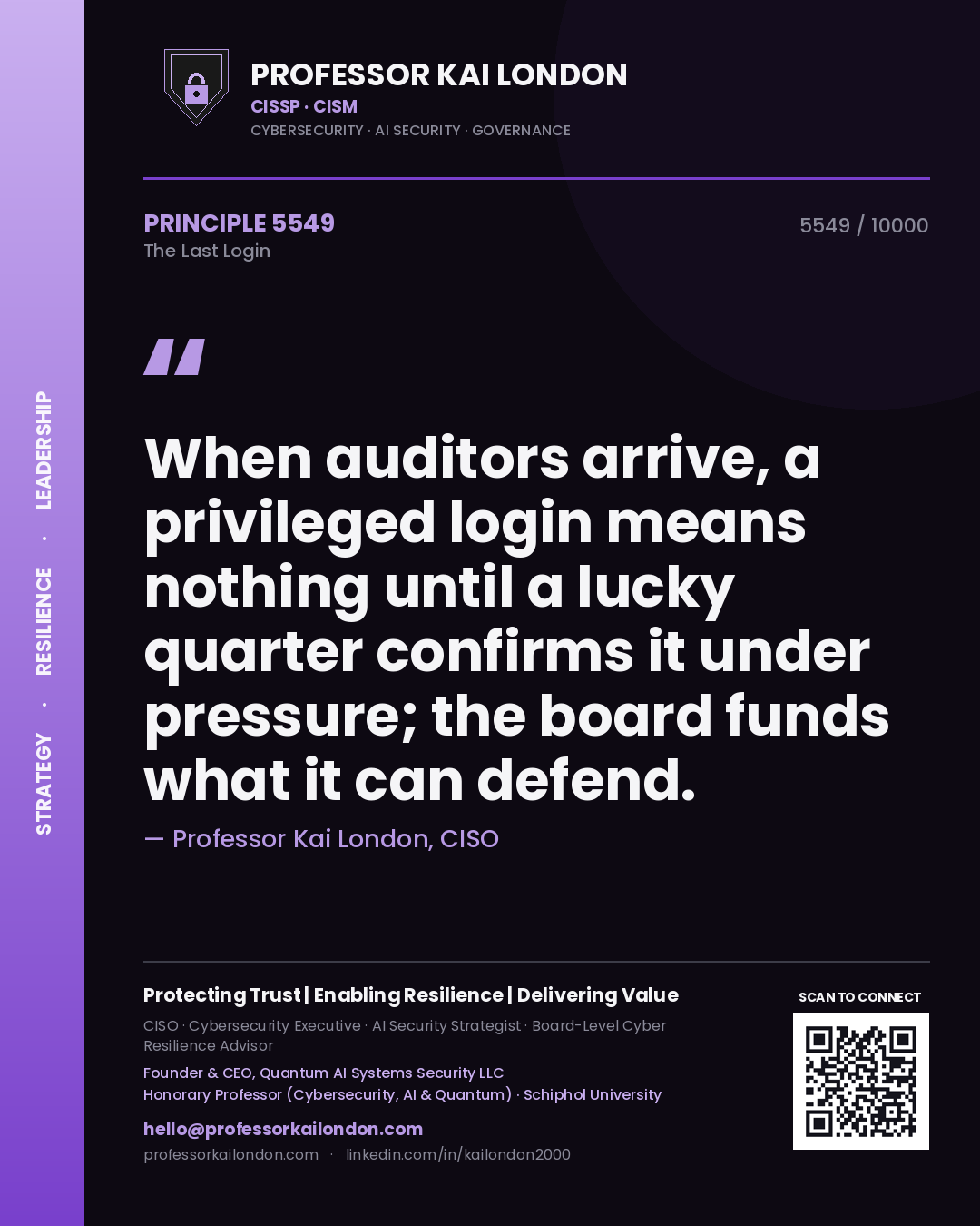 Quote card by Professor Kai London reading 'When auditors arrive, a privileged login means nothing until a lucky quarter confirms it under pressure; the board funds what it can defend.'. From the book The Last Login.