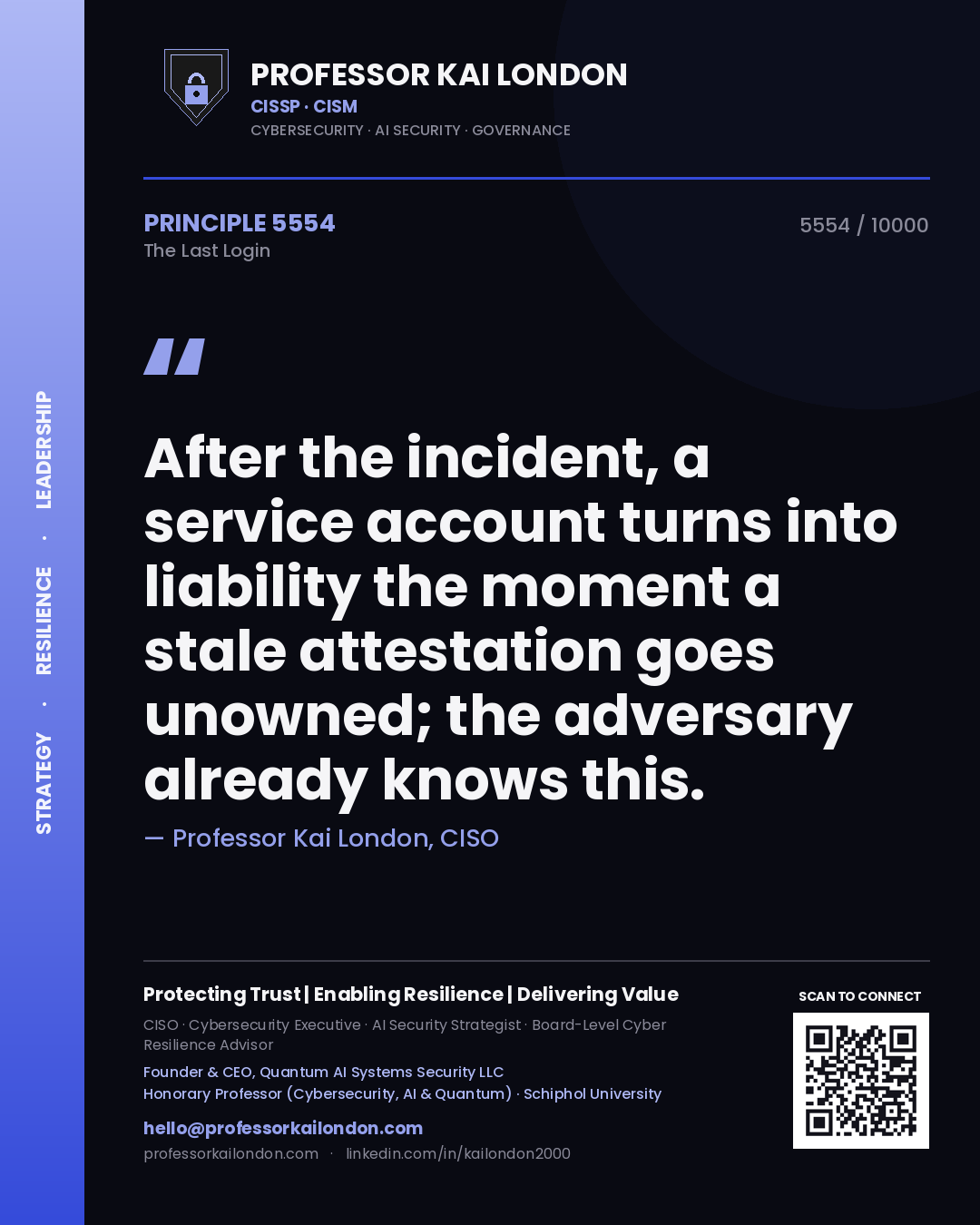 Quote card by Professor Kai London reading 'After the incident, a service account turns into liability the moment a stale attestation goes unowned; the adversary already knows this.'. From the book The Last Login.