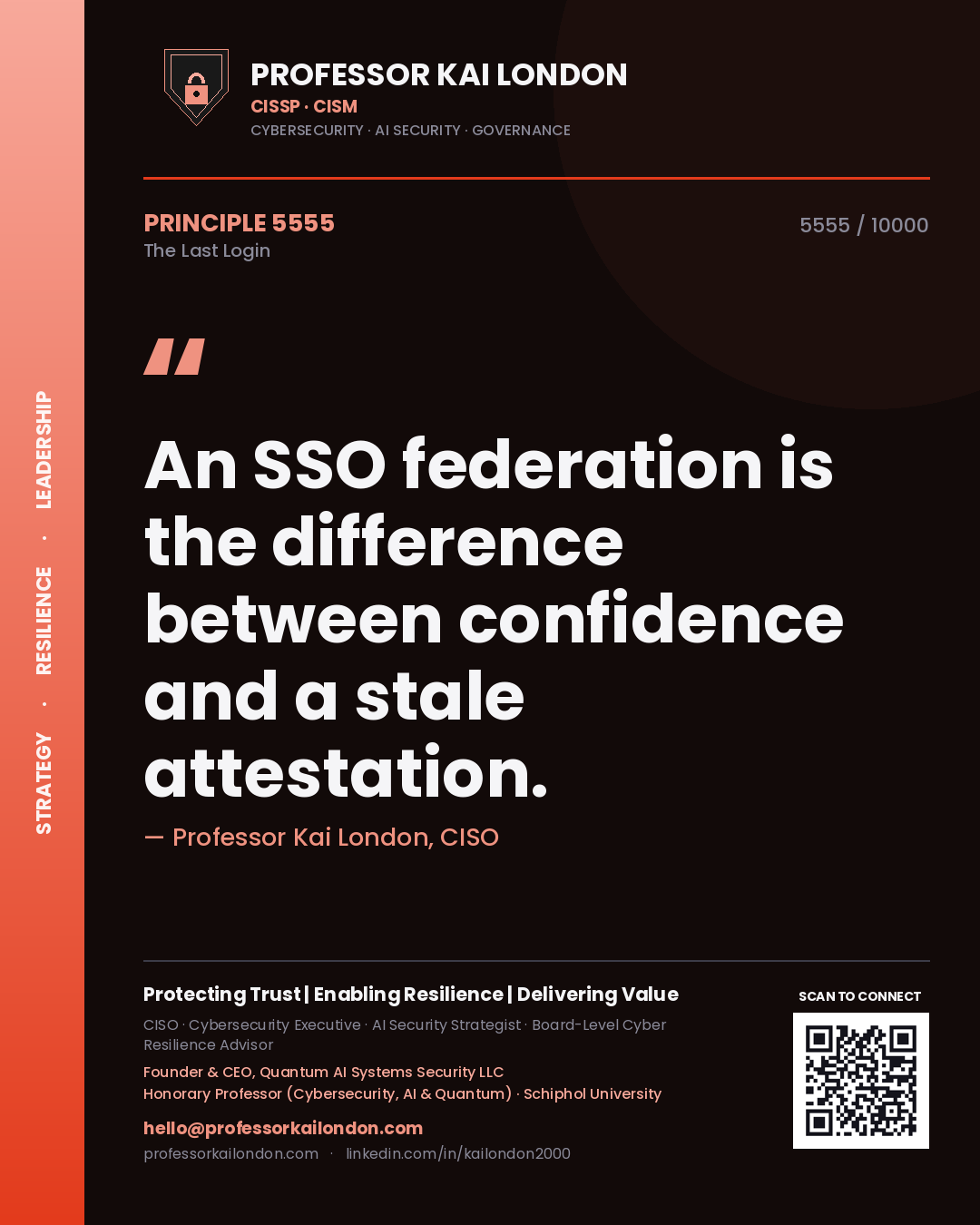 Quote card by Professor Kai London reading 'An SSO federation is the difference between confidence and a stale attestation.'. From the book The Last Login.
