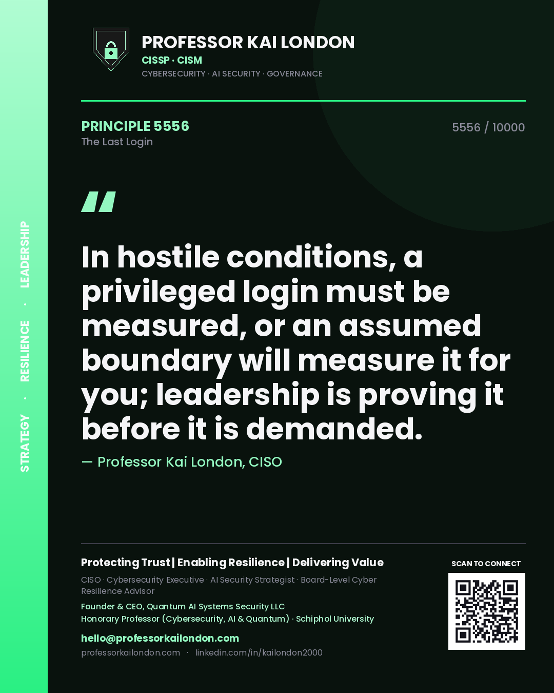 Quote card by Professor Kai London reading 'In hostile conditions, a privileged login must be measured, or an assumed boundary will measure it for you; leadership is proving it before it is demanded.'. From the book The Last Login.