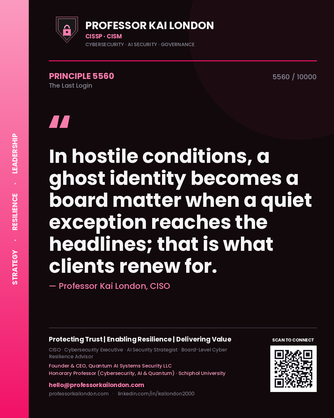 Quote card by Professor Kai London reading 'In hostile conditions, a ghost identity becomes a board matter when a quiet exception reaches the headlines; that is what clients renew for.'. From the book The Last Login.
